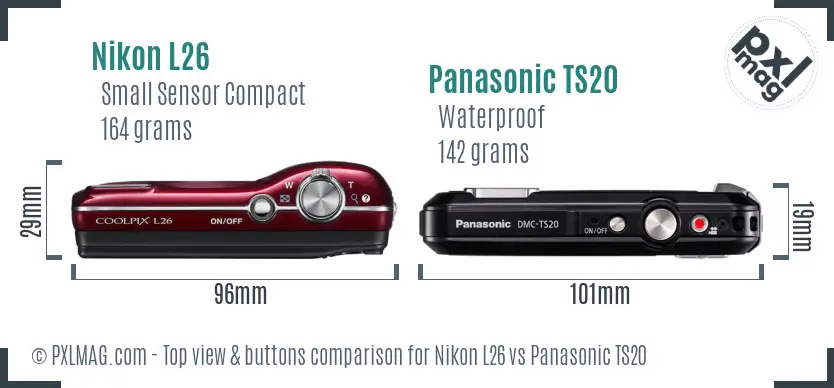 Nikon L26 vs Panasonic TS20 top view buttons comparison