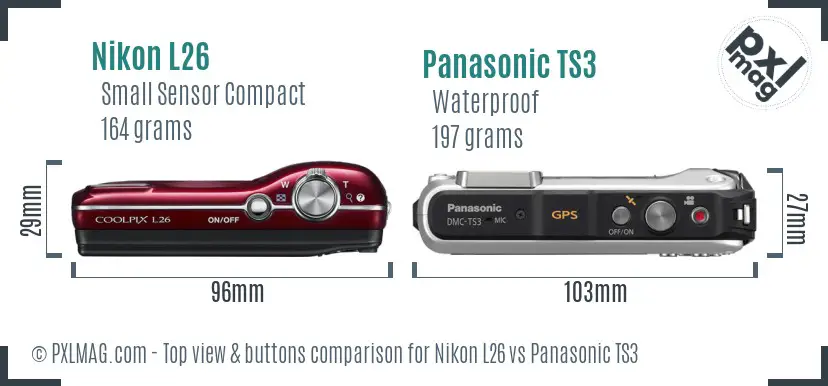 Nikon L26 vs Panasonic TS3 top view buttons comparison Nikon L26 vs Panasonic TS3 top view buttons comparison