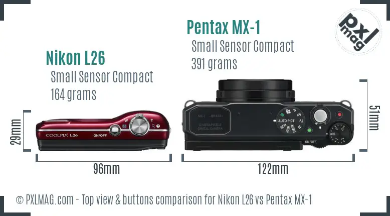 Nikon L26 vs Pentax MX-1 top view buttons comparison