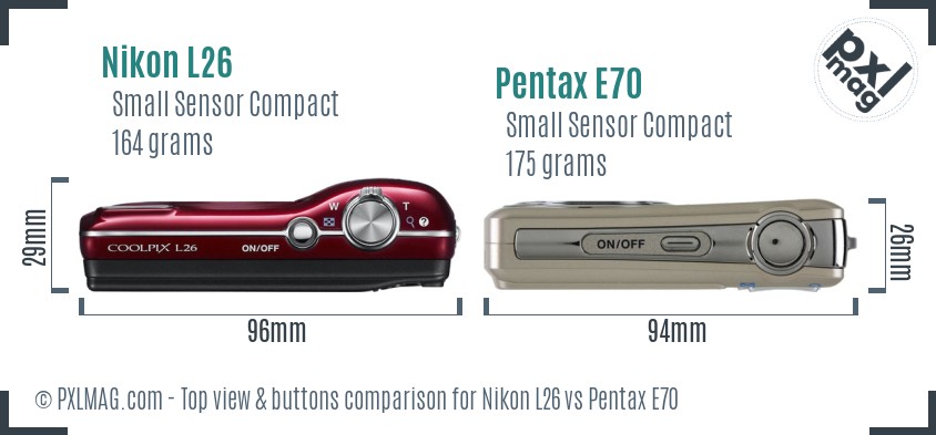Nikon L26 vs Pentax E70 top view buttons comparison