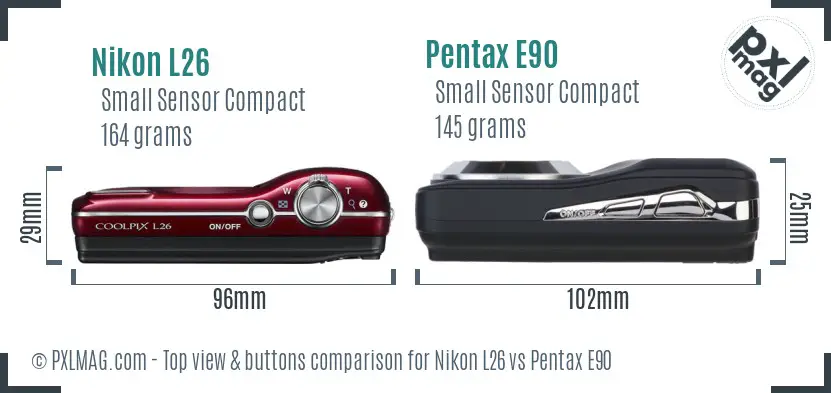 Nikon L26 vs Pentax E90 top view buttons comparison
