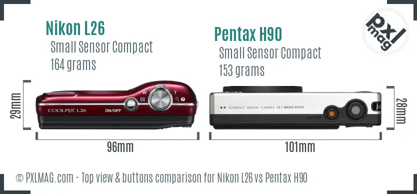 Nikon L26 vs Pentax H90 top view buttons comparison