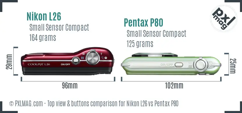 Nikon L26 vs Pentax P80 top view buttons comparison