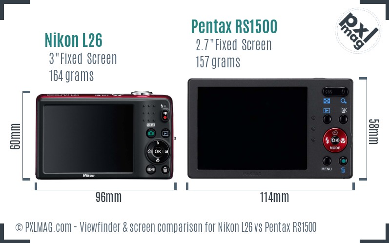 Nikon L26 vs Pentax RS1500 Screen and Viewfinder comparison