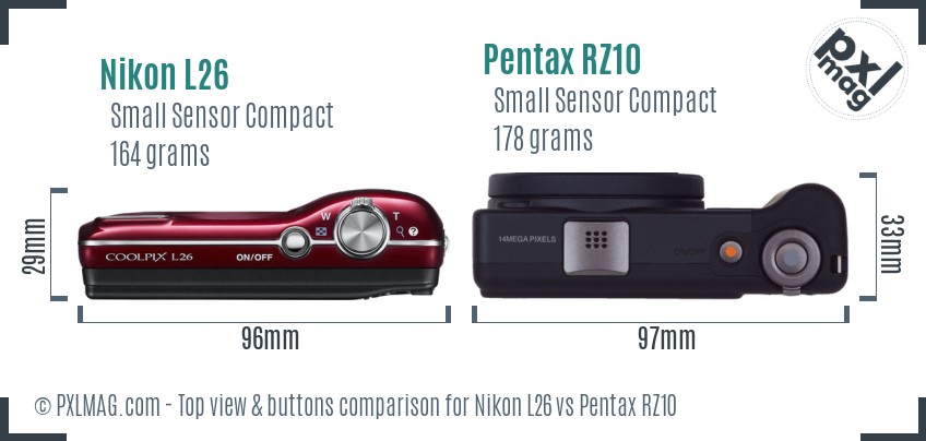 Nikon L26 vs Pentax RZ10 top view buttons comparison