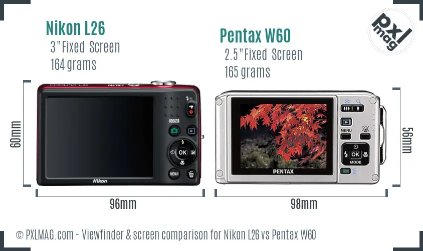 Nikon L26 vs Pentax W60 Screen and Viewfinder comparison