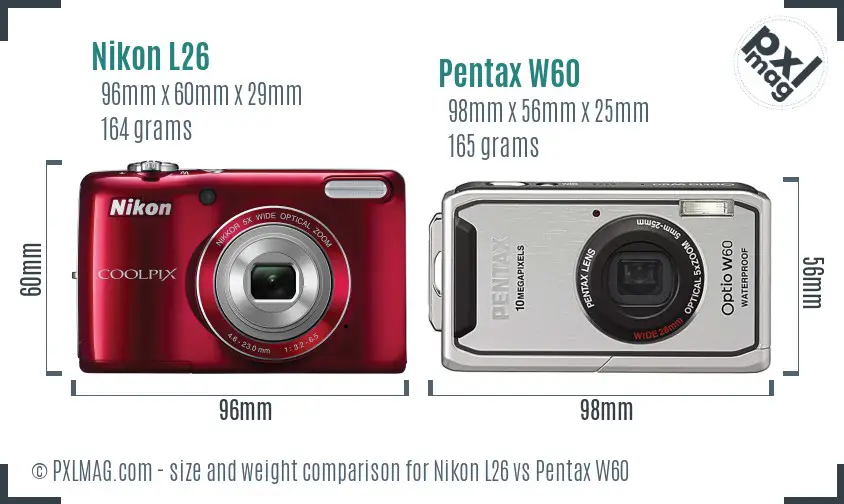 Nikon L26 vs Pentax W60 size comparison