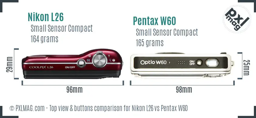 Nikon L26 vs Pentax W60 top view buttons comparison