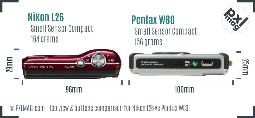 Nikon L26 vs Pentax W80 top view buttons comparison