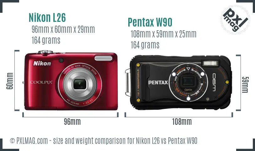 Nikon L26 vs Pentax W90 size comparison