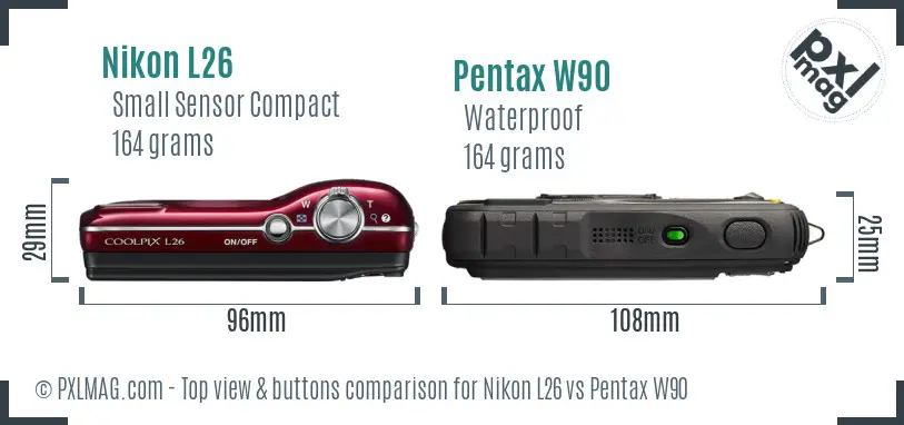 Nikon L26 vs Pentax W90 top view buttons comparison