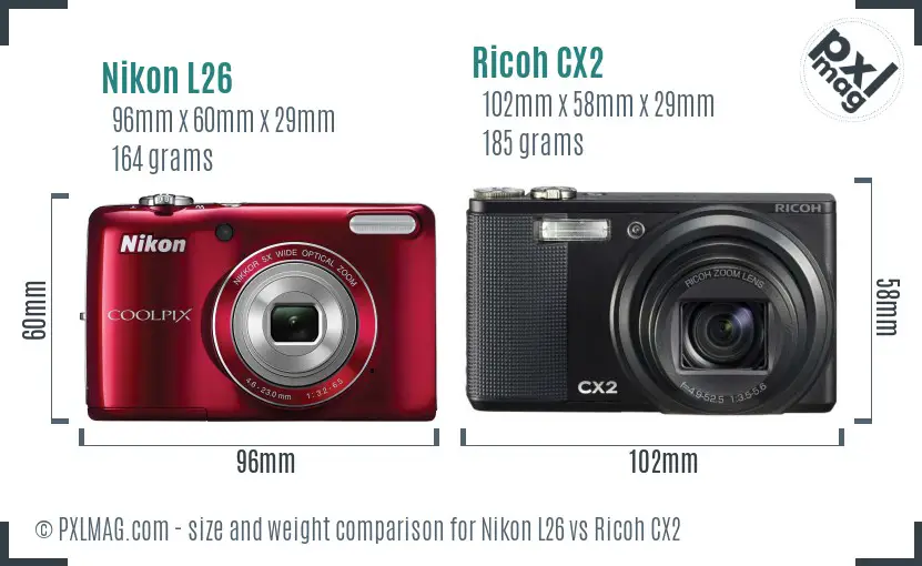 Nikon L26 vs Ricoh CX2 size comparison