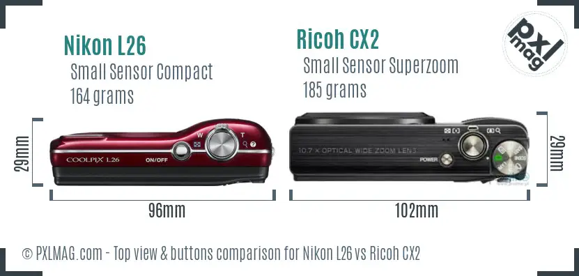 Nikon L26 vs Ricoh CX2 top view buttons comparison