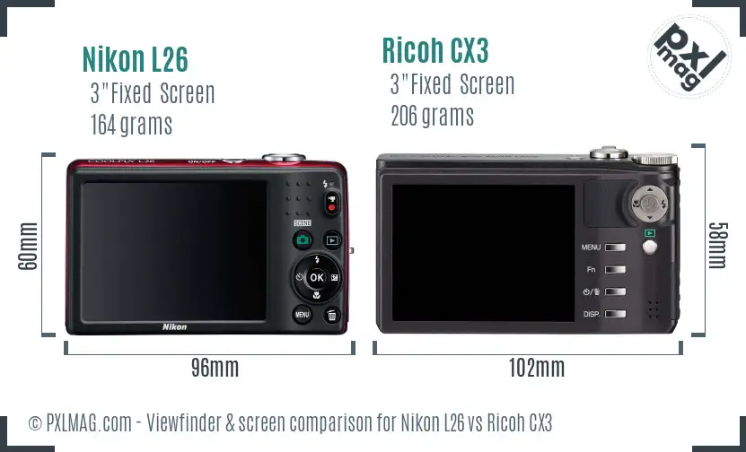 Nikon L26 vs Ricoh CX3 Screen and Viewfinder comparison