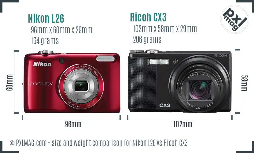 Nikon L26 vs Ricoh CX3 size comparison