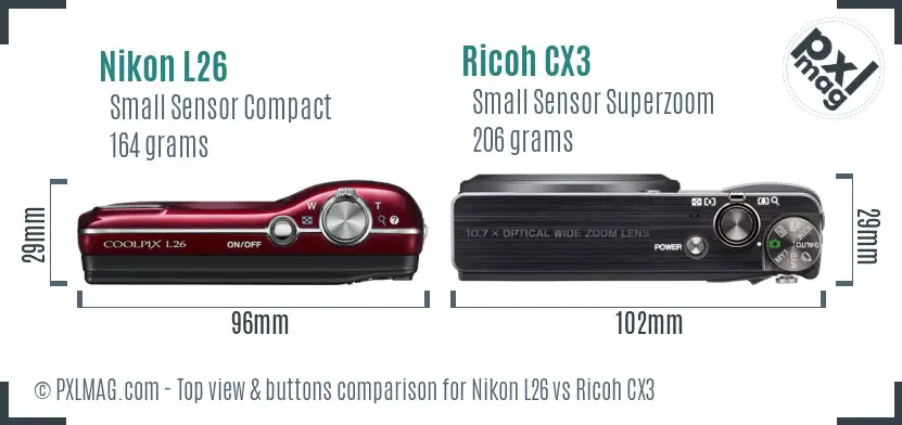 Nikon L26 vs Ricoh CX3 top view buttons comparison