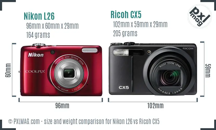 Nikon L26 vs Ricoh CX5 size comparison