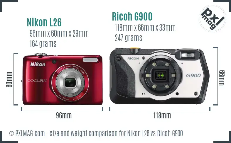 Nikon L26 vs Ricoh G900 size comparison