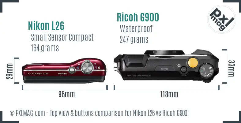 Nikon L26 vs Ricoh G900 top view buttons comparison