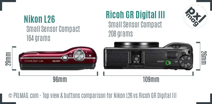 Nikon L26 vs Ricoh GR Digital III top view buttons comparison Nikon L26 vs Ricoh GR Digital III top view buttons comparison