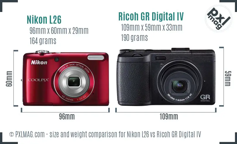 Nikon L26 vs Ricoh GR Digital IV size comparison