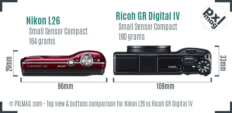 Nikon L26 vs Ricoh GR Digital IV top view buttons comparison