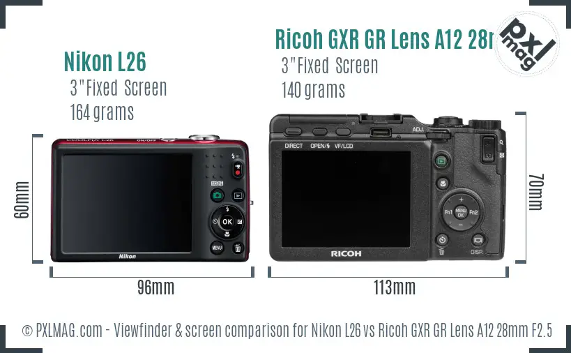 Nikon L26 vs Ricoh GXR GR Lens A12 28mm F2.5 Screen and Viewfinder comparison