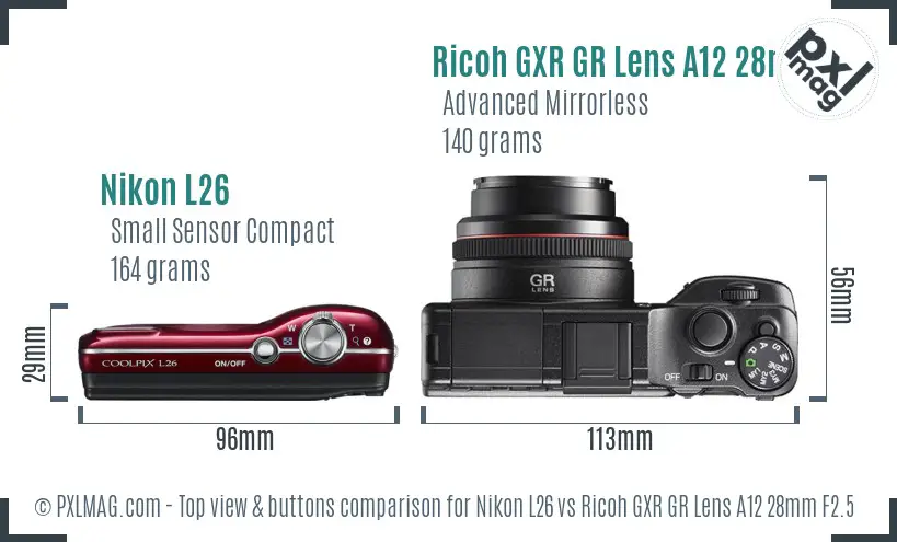 Nikon L26 vs Ricoh GXR GR Lens A12 28mm F2.5 top view buttons comparison