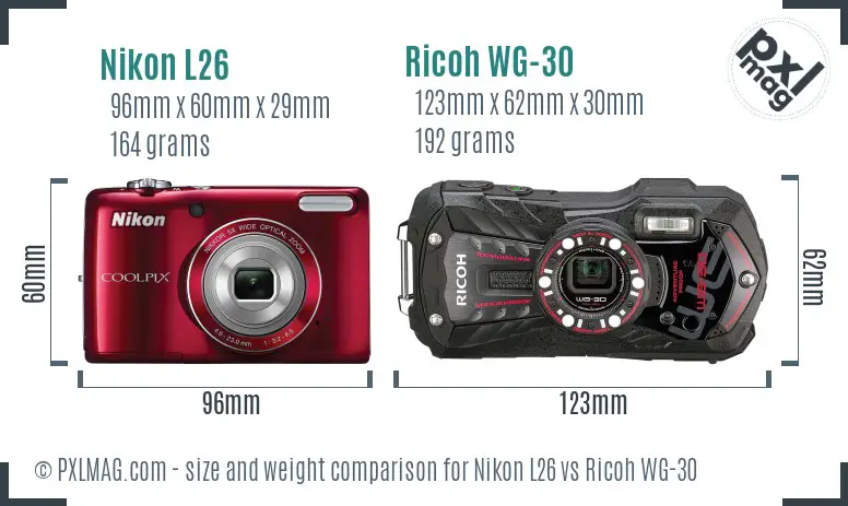 Nikon L26 vs Ricoh WG-30 size comparison