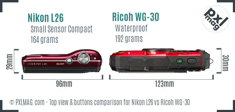 Nikon L26 vs Ricoh WG-30 top view buttons comparison