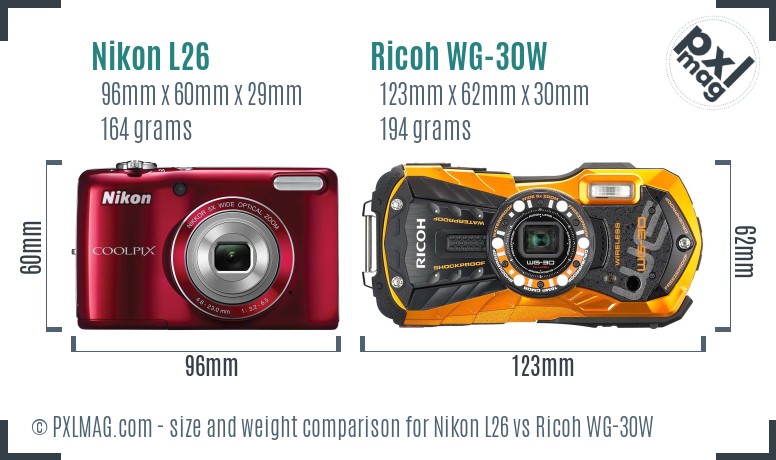 Nikon L26 vs Ricoh WG-30W size comparison