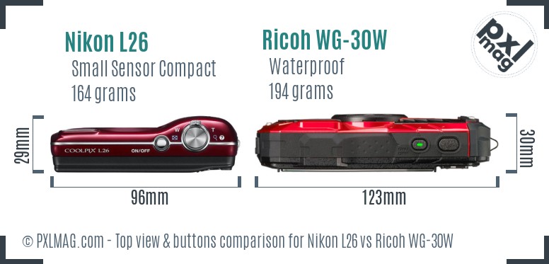 Nikon L26 vs Ricoh WG-30W top view buttons comparison