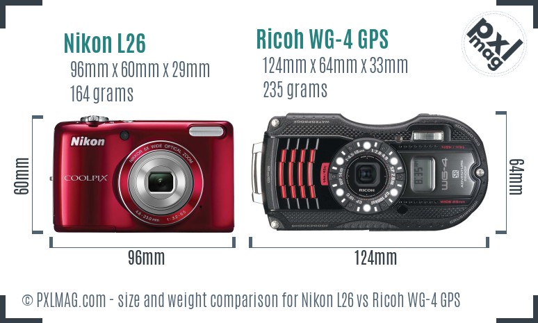 Nikon L26 vs Ricoh WG-4 GPS size comparison