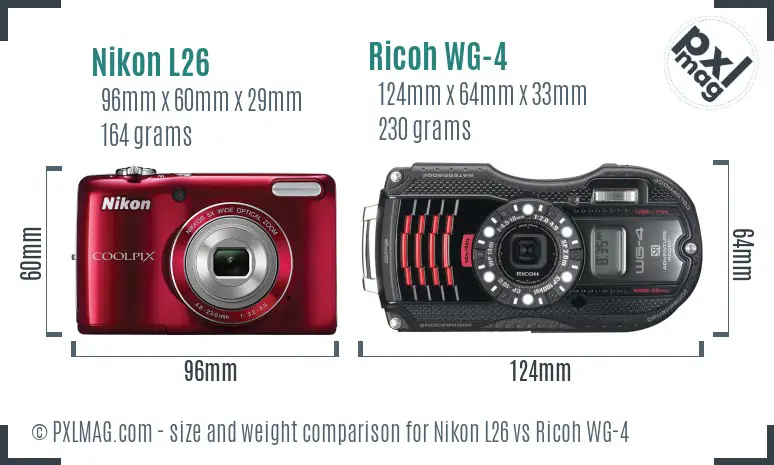 Nikon L26 vs Ricoh WG-4 size comparison