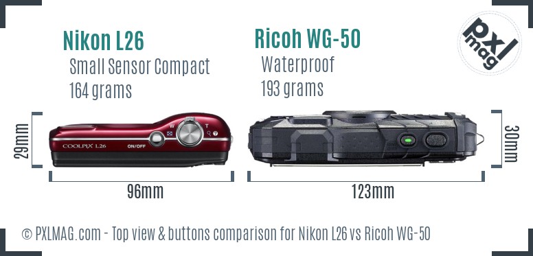 Nikon L26 vs Ricoh WG-50 top view buttons comparison
