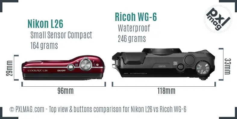 Nikon L26 vs Ricoh WG-6 top view buttons comparison