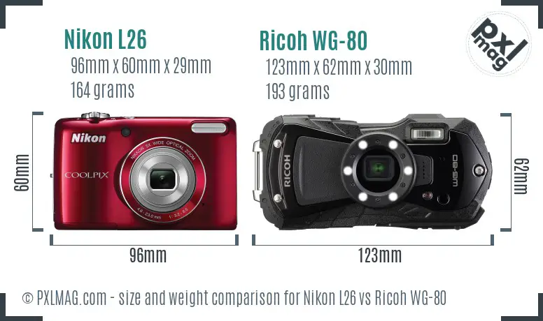 Nikon L26 vs Ricoh WG-80 size comparison