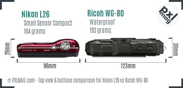 Nikon L26 vs Ricoh WG-80 top view buttons comparison