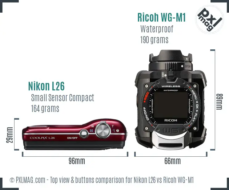 Nikon L26 vs Ricoh WG-M1 top view buttons comparison