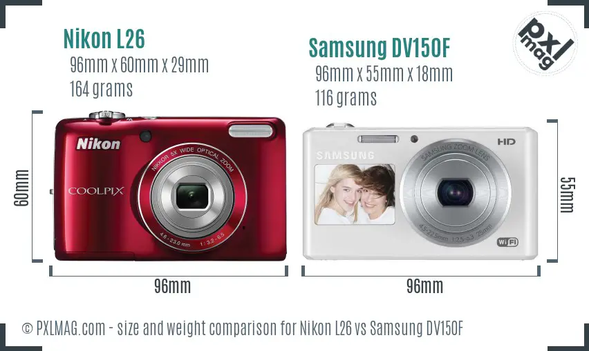 Nikon L26 vs Samsung DV150F size comparison