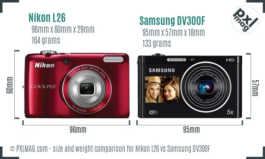 Nikon L26 vs Samsung DV300F size comparison