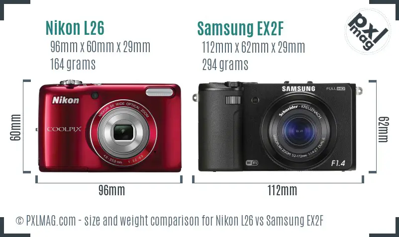 Nikon L26 vs Samsung EX2F size comparison