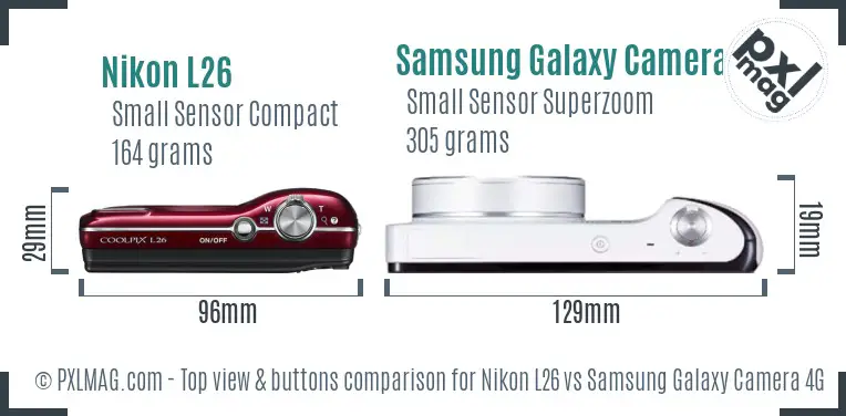 Nikon L26 vs Samsung Galaxy Camera 4G top view buttons comparison Nikon L26 vs Samsung Galaxy Camera 4G top view buttons comparison