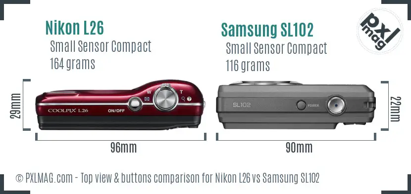 Nikon L26 vs Samsung SL102 top view buttons comparison Nikon L26 vs Samsung SL102 top view buttons comparison