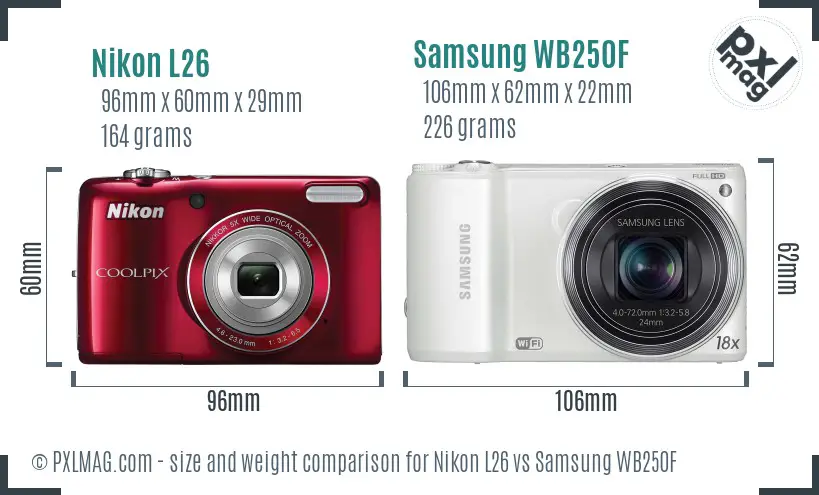 Nikon L26 vs Samsung WB250F size comparison