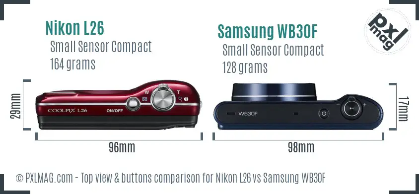 Nikon L26 vs Samsung WB30F top view buttons comparison Nikon L26 vs Samsung WB30F top view buttons comparison