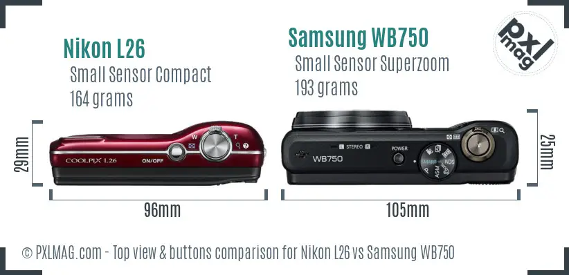 Nikon L26 vs Samsung WB750 top view buttons comparison Nikon L26 vs Samsung WB750 top view buttons comparison