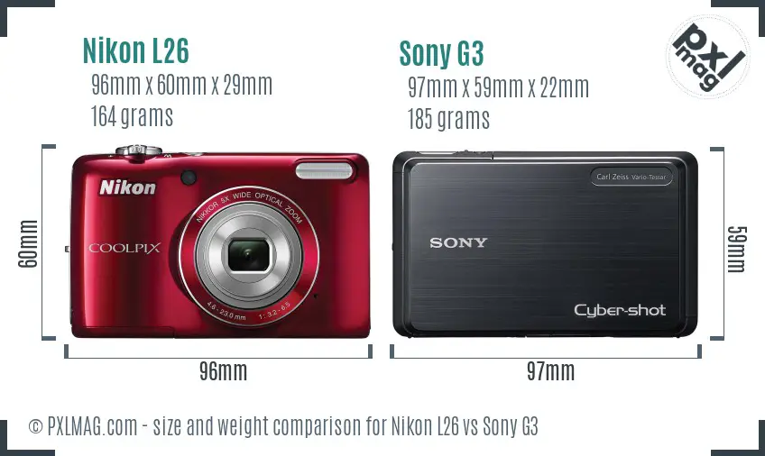 Nikon L26 vs Sony G3 size comparison