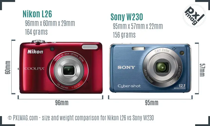 Nikon L26 vs Sony W230 size comparison
