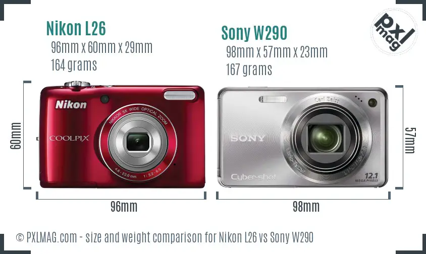 Nikon L26 vs Sony W290 size comparison
